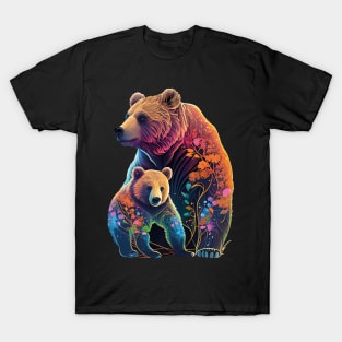 Nature's Love: Mother and Baby Bear with Floral Watercolor Design T-Shirt